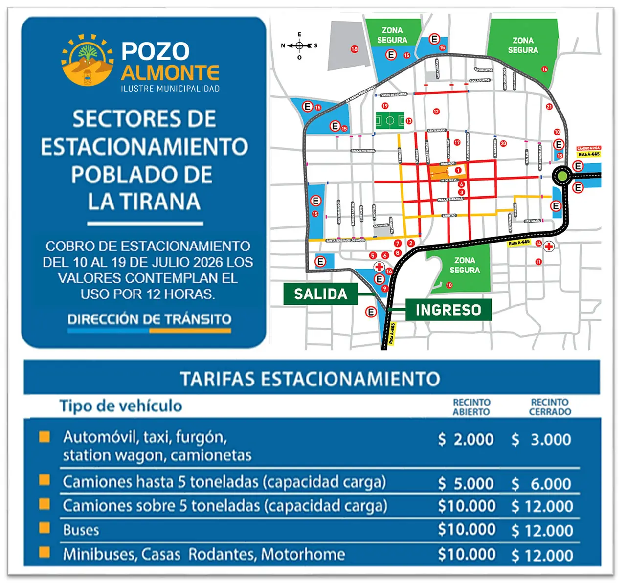 Plano de sectores y tarifas de estacionamiento de La Tirana 2026.